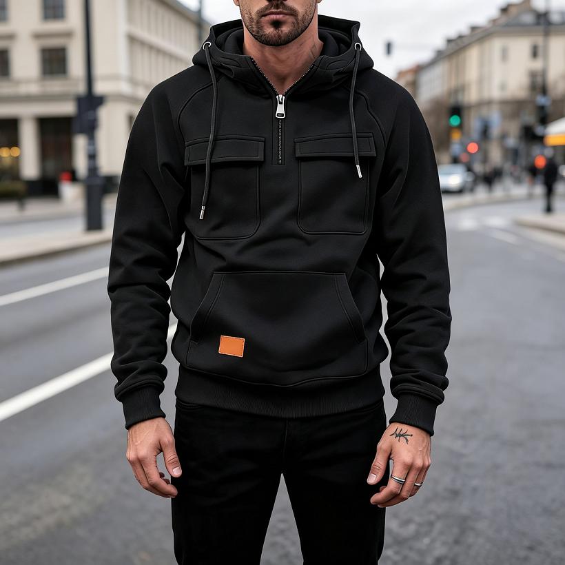 Men's Quarter Zip Hoodie, Half Zip Pullover Sweatshirt with Chest Pockets & Patch Logo, Casual Streetwear for Men