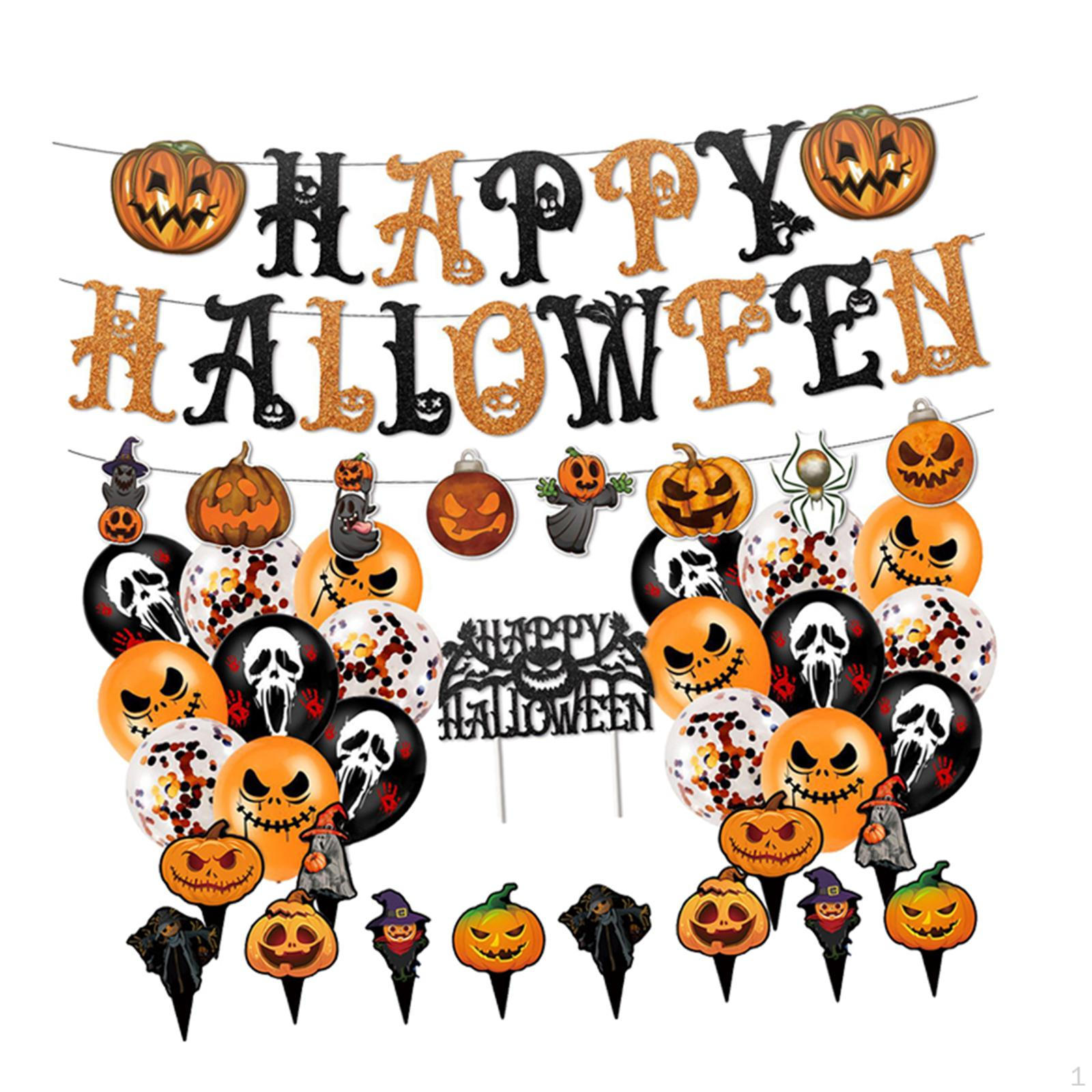 

Halloween Party Banner Balloon Decorations Set Cake Topper Happy for Wall/ Ceiling/