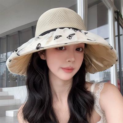 Summer New Hat Women's Mesh Bow Bucket Hat Versatile Sunscreen Visor Big Brim Sun Hat