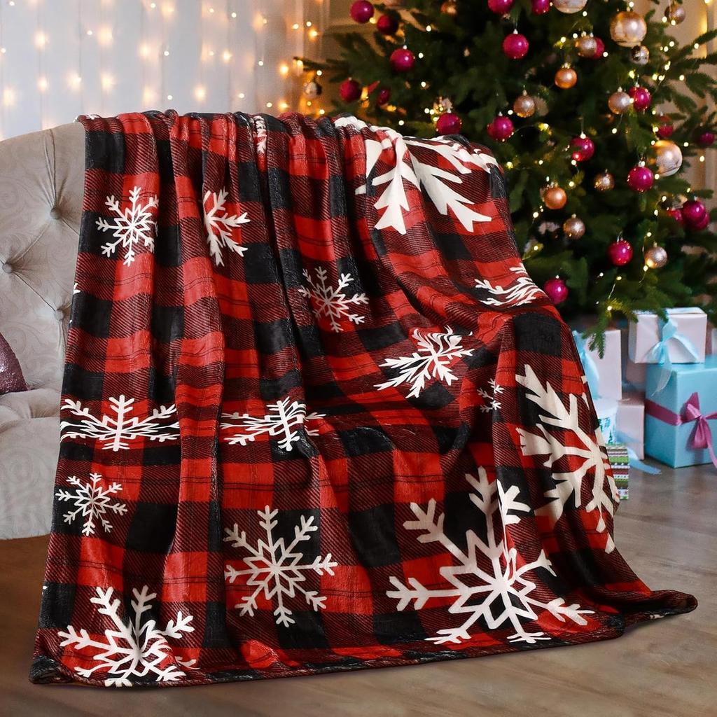 1PC Throw Christmas Red Plaid Flannel Blanket Snowflakes Xmas Holiday Throw Soft Lightweight Decorative Blankets Throws Gifts