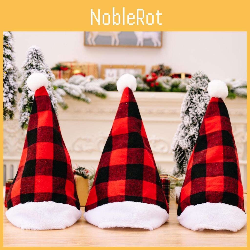 Modern Minimalist Red And Black Checkered Holiday Hat With Plush White Pom Poms