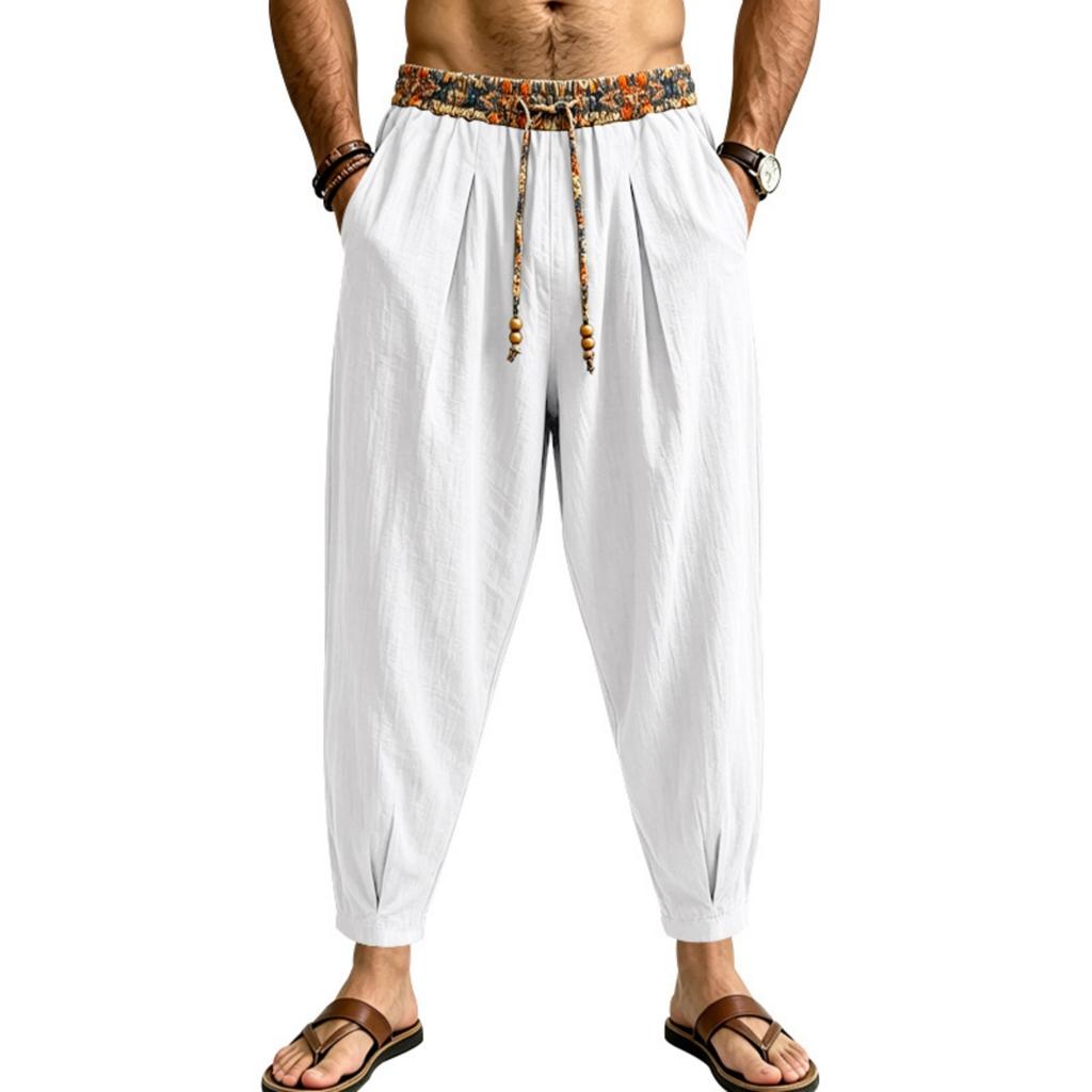 Men's Linen Loose Fit Color Wide Leg Pants with Tapered Hem for Business Casual