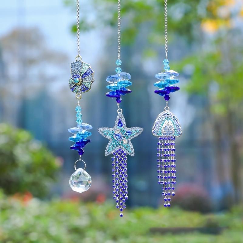 Ocean Theme Suncatchers with Conch Jellyfish Rhinestones Crystal Windchime for Garden Patios or Indoor Window Decors