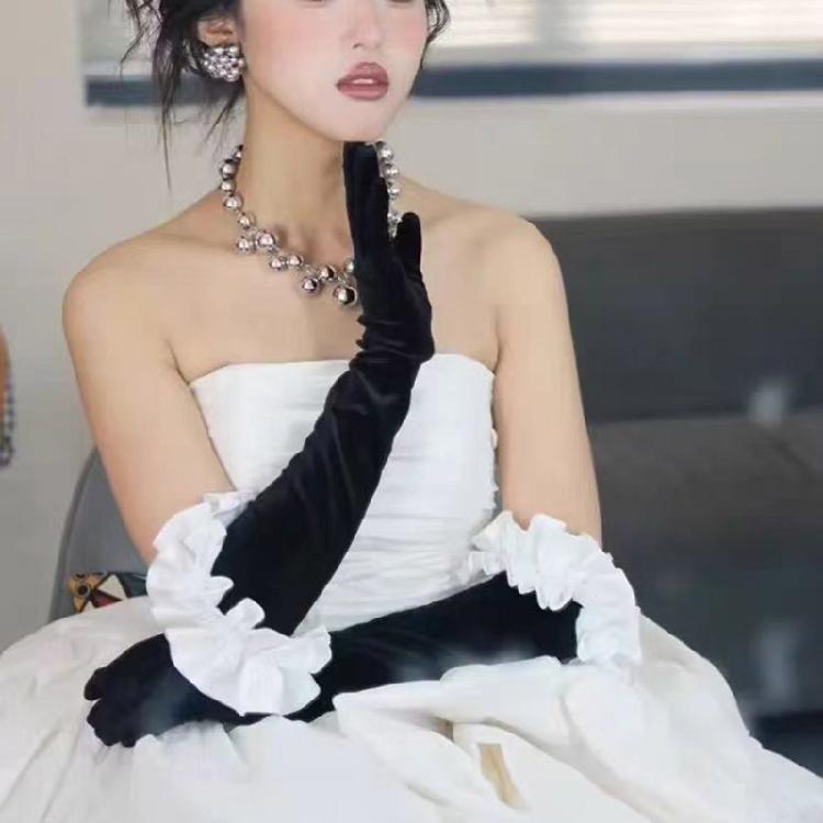 Elegant Fingerless Gloves Ruffle French Unique Outfits Long Gloves for Flapper Bride Wedding Dancing Accessories