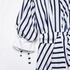 Spring and summer new European and American style fashion break long-sleeved lapel striped belt long dress