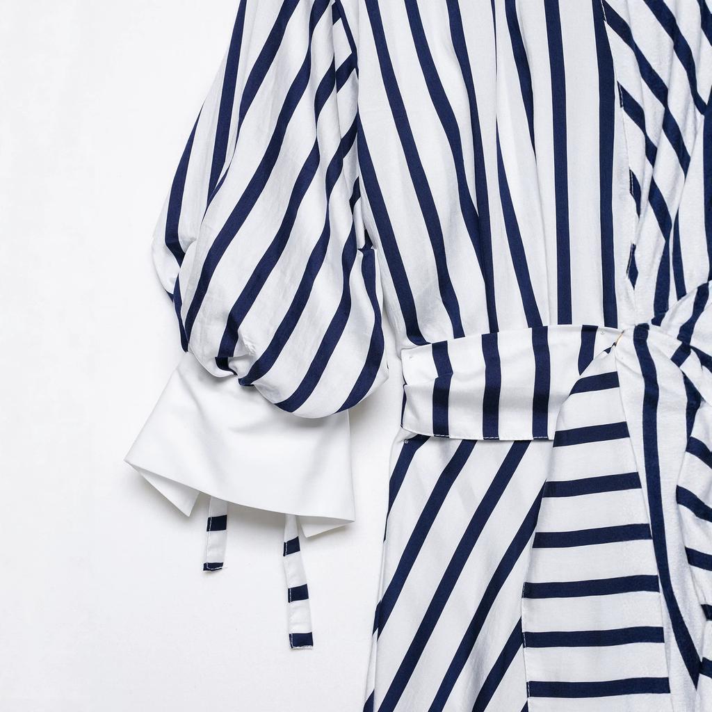 Spring and summer new European and American style fashion break long-sleeved lapel striped belt long dress