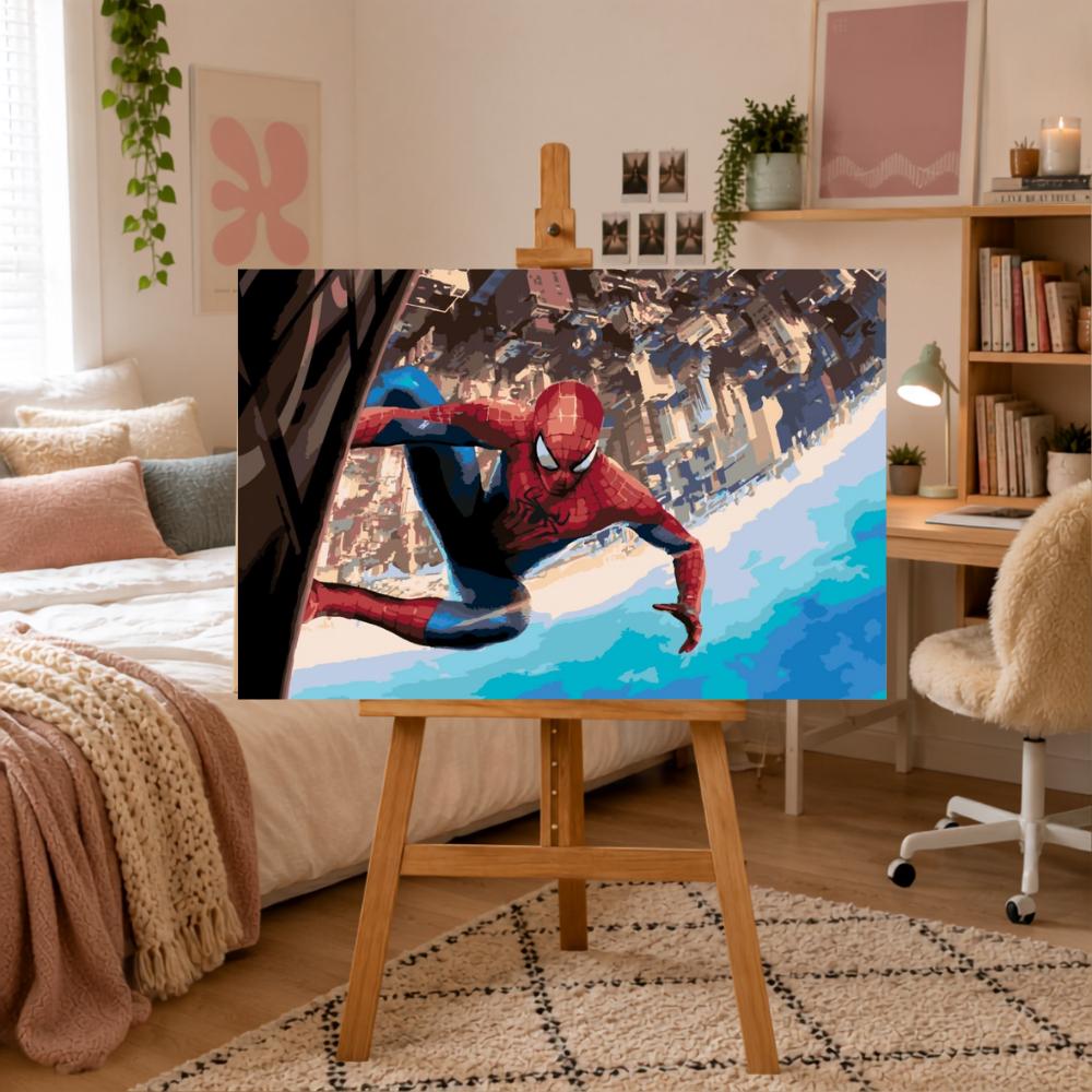 Obraz Do Malowania Po Numerach Z Ramą Spiderman Nad Miastem Marvel 70X50 Cm