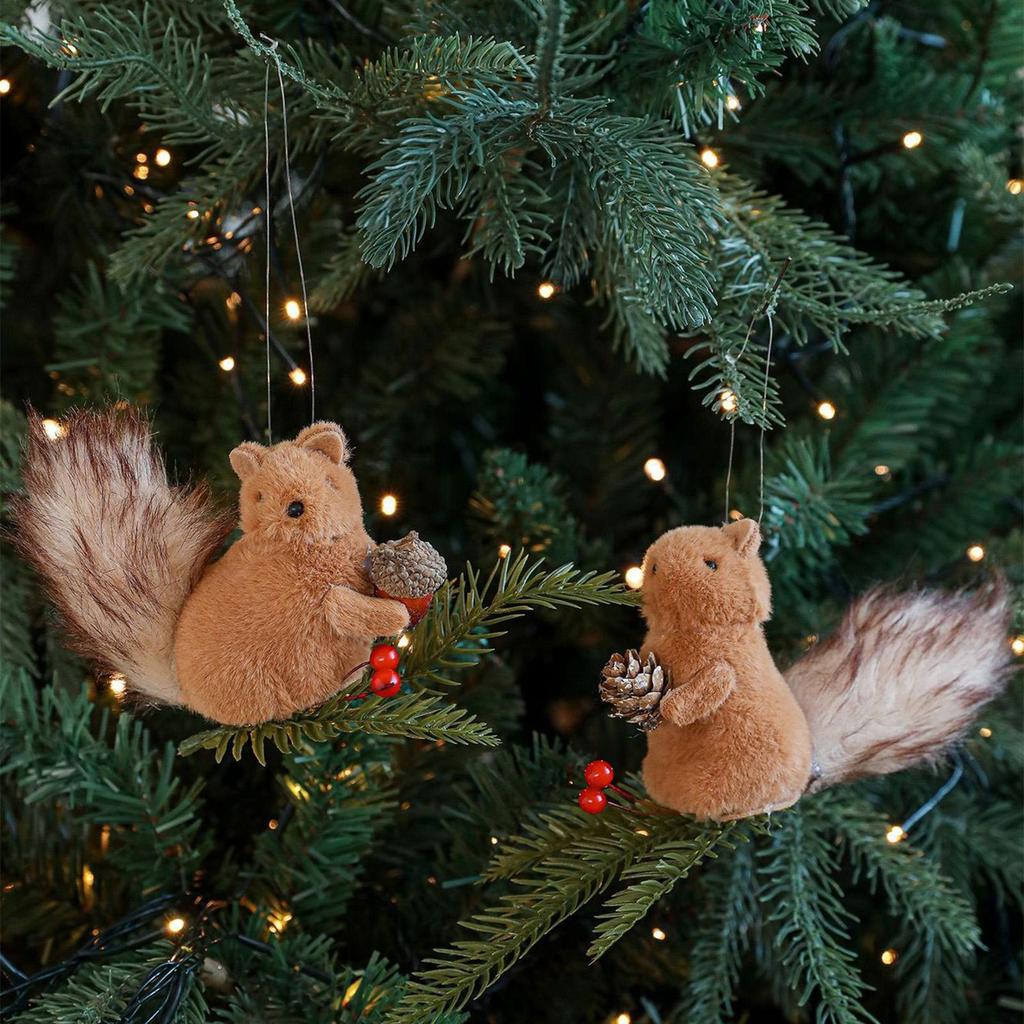 Squirrel Ornament Plush Squirrel Festive Charm Realistic Pine Cone Branches Animal Ornament For Window Outdoor Bookshelf Ceiling