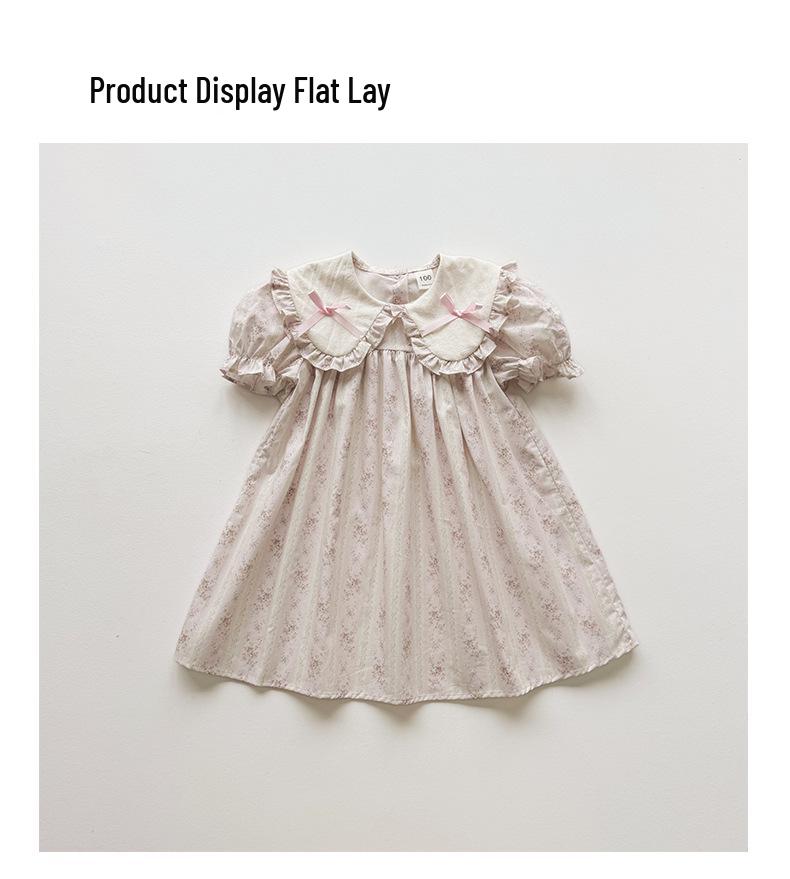 2026 Summer Doll Collar Color Block Girls' Dress – French Print Short Sleeve Princess Korean Style