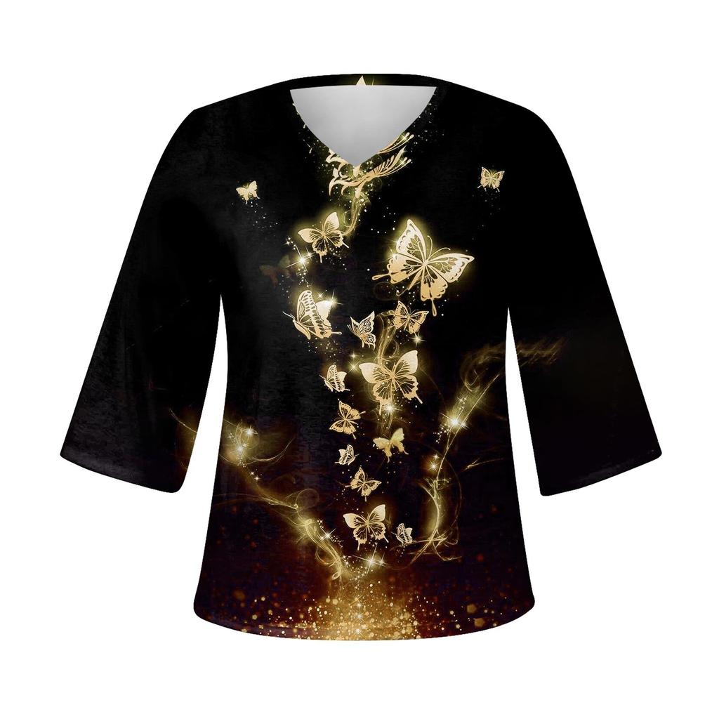 Women's Shirt Blouse Casual Loose Shirts 3/4 Sleeve Print V Neck Tops Print Tops T-shirts Tee