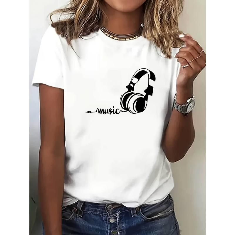 European Size Women'S Casual Music Headphones Graphic T-Shirt - White Short Sleeve Crew Neck, Loose Fit, Machine Washable
