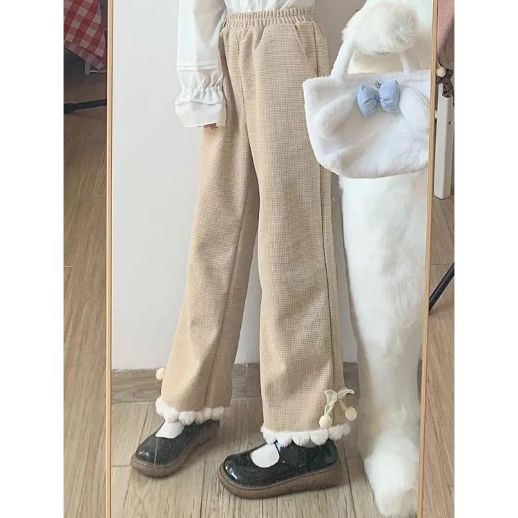 Fleece Japanese Kawaii Pants Women Wide Leg Cute Sweatpants Sweet Harajuku Lolita Vintage Baggy White Trousers with Bow Winter