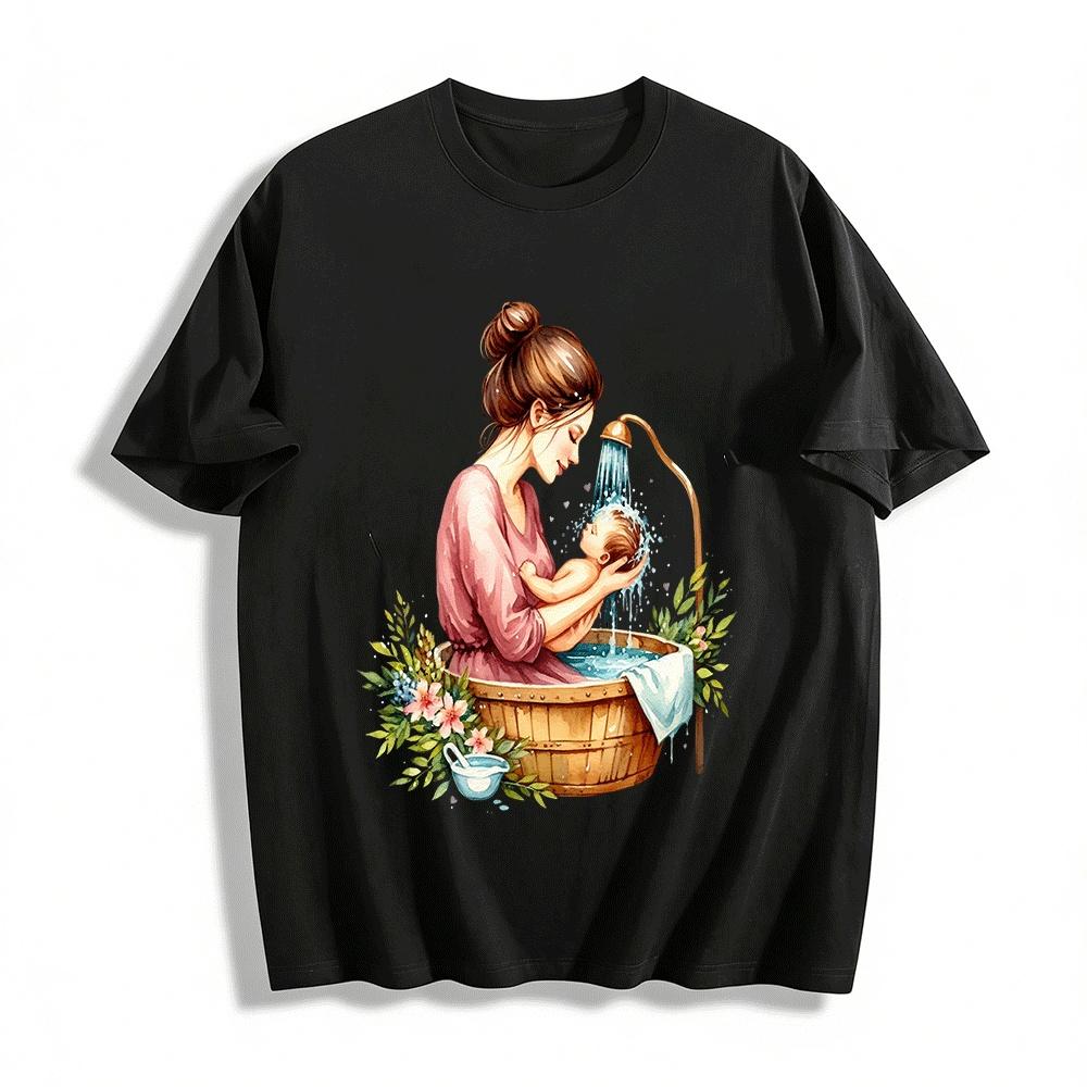 Mother And Baby Bathing Print Casual Adult Top Pure cotton T-shirt XXS