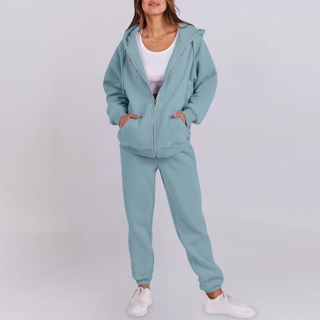 Women's Fashion Hooded Long Sleeve Color Zipper Elastic Waist Loose Sweatshirt Set