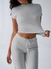 Women's Slim Fit Two Piece Outfit Set Short Sleeve Crew Neck Crop Top Drawstring Waist Straight Leg Solid Tracksuit Loungewear