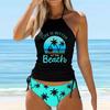 Women's Halter Blue Coconut Tree Print Bikini Tankini Swimsuit