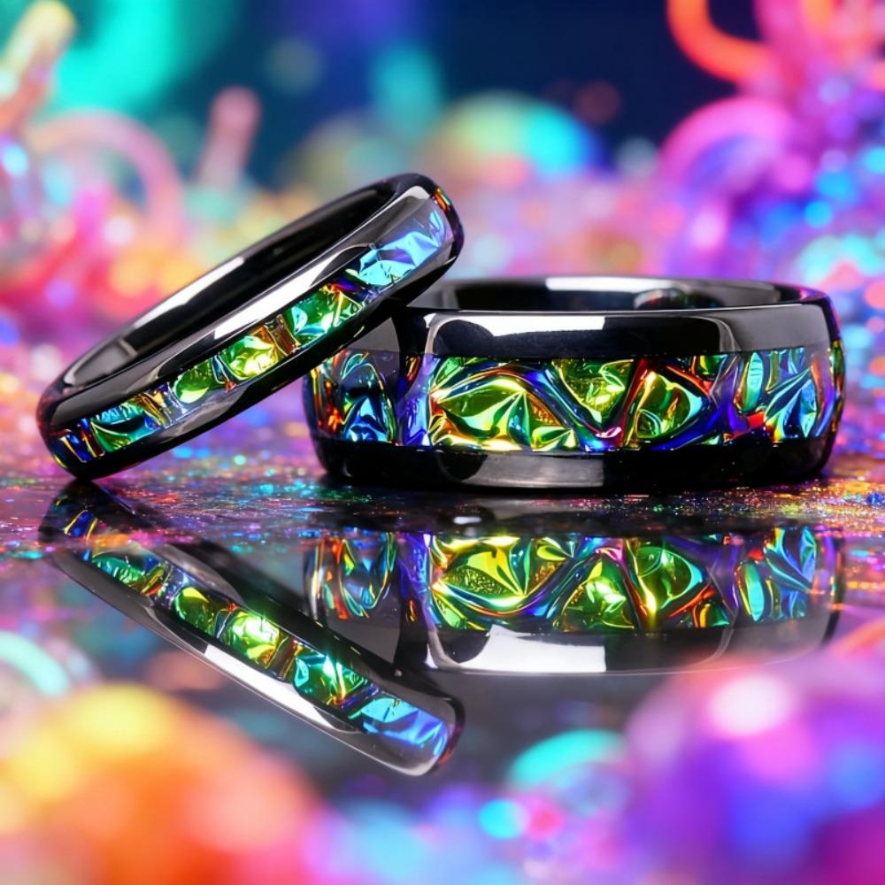 Anillos de acero inoxidable de 8 mm para hombre con diseño de cielo estrellado colorido, alianza de boda negra única, anillo para parejas con incrustaciones de mármol de colores, regalo.