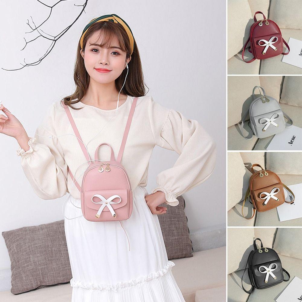 Cute Handheld Mini Backpack Bow-knot Leaf Hollow Shoulder Bag PU Leather School Bags Women