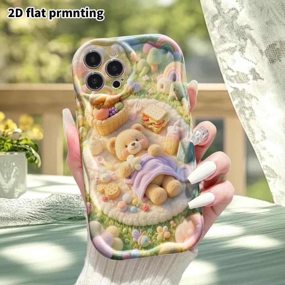 Phone Case: 2D flat, fits iPhone 18, 17, 16, 15, 14, 13, 12Pro protective case, little bear picnic on the grass, perfect Christmas and Halloween holid