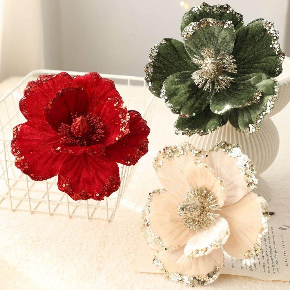 15cm Artificial Poinsettia Glitter Flower Sequin Flannel Fake Christmas Flowers Photography Props 3D Simulation Magnolia