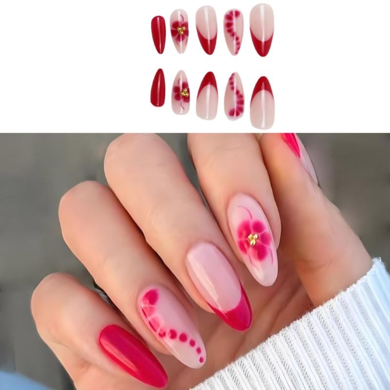 Almond Press on Nail Glossy Fake Nail Stick on Nail in 12 Sizes,24 Pcs French Nail Tips for DIY Nail Art Decorations