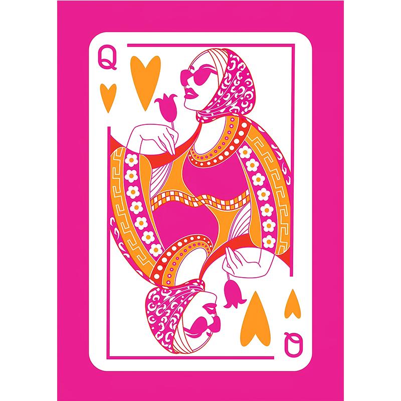 Queen of Hearts Wall Art Print Colorful Playing Card Poster Maximalist Card Dopamine Queen Illustration Canvas Painting