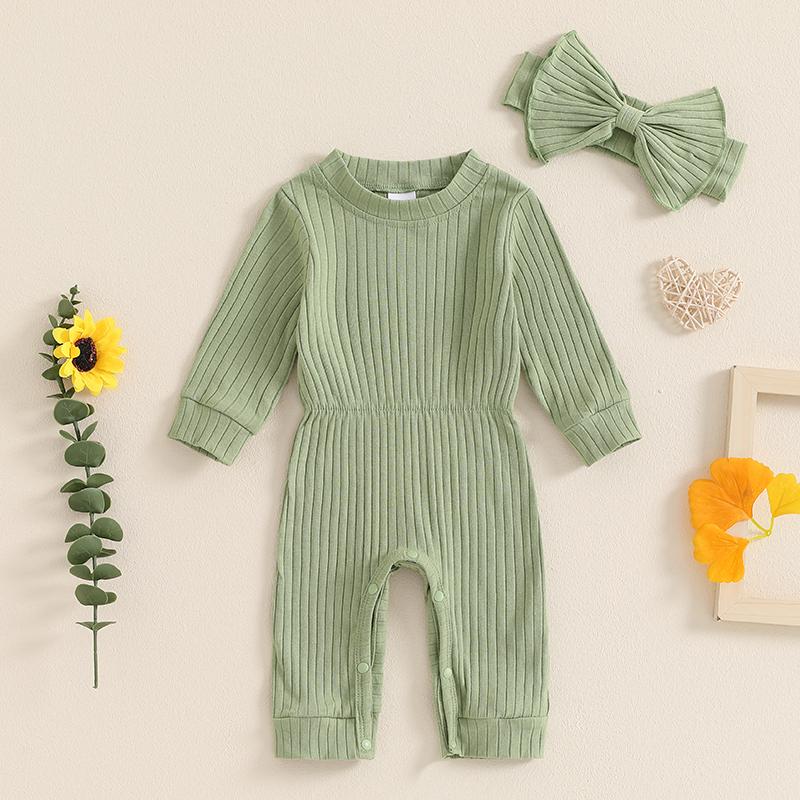 Citgeett Autumn Infant Baby Girl Fall Outfits Long Sleeve Ribbed Jumpsuit Headband Set Fall Clothes