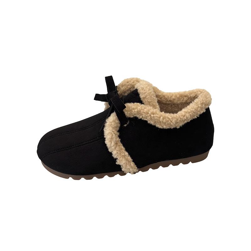 Pantofi casual din catifea cu talpă moale pentru femei, noi de iarnă, cu fundă retro, pantofi pufoși cu un singur pas, pantofi de bumbac plați pentru femei