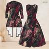 Women Plus Size Printed Two Piece Set Round Neck Sleeveless Tie Waist Flared Dress Three Quarter Sleeve Open Cardigan