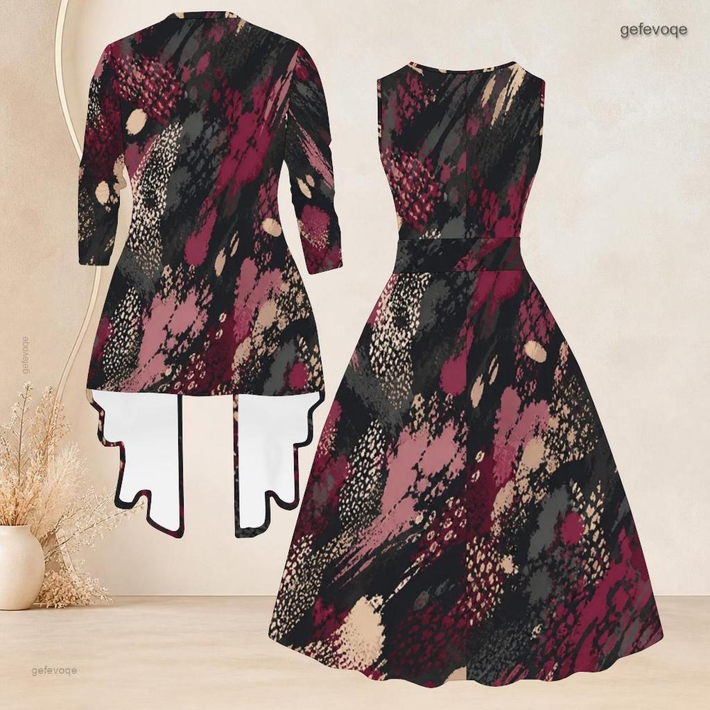 Women Plus Size Printed Two Piece Set Round Neck Sleeveless Tie Waist Flared Dress Three Quarter Sleeve Open Cardigan
