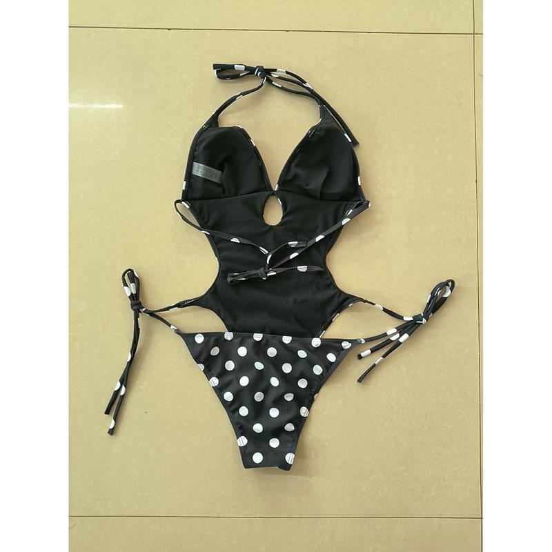 Seksowny czarny strój kąpielowy w kropki dla kobiet z wycięciem na plecach, wiązany z boku stringi bikini, kostium kąpielowy na wakacje, jednoczęściowy strój kąpielowy
