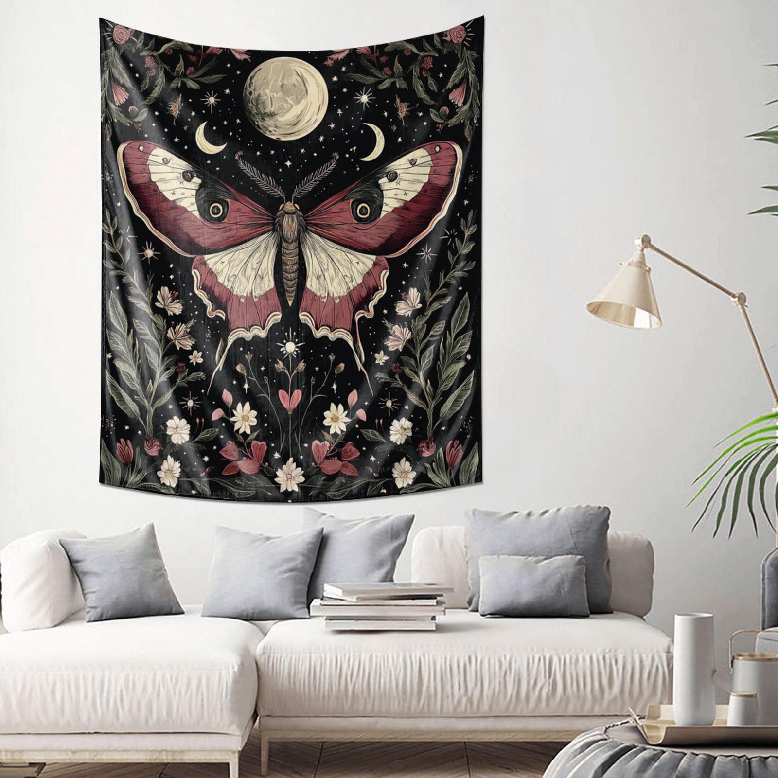 Ethereal Moonlit Moth Floral Tapestry Dreamscape Wall Art Decor Elegant Home Soft Furnishing Option 74x94cm(29x37in)
