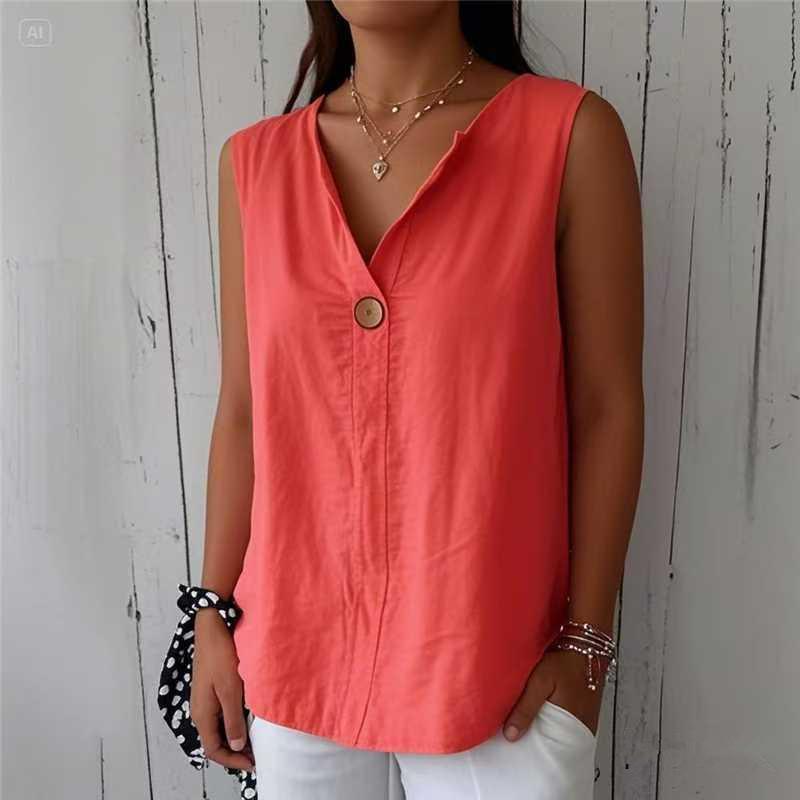 Summer Loose Vest Shirt Ladies V-Neck Cotton and Linen Button Tops Women