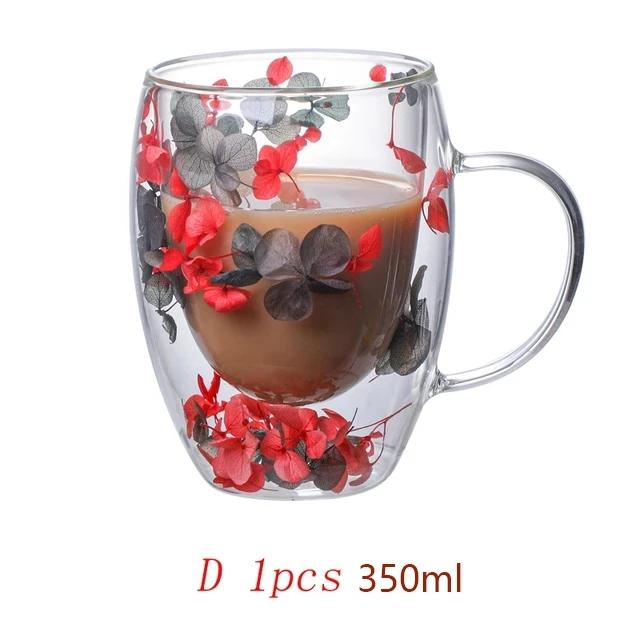 250/350ml Double Wall Coffee Mug With Handles Clear Milk Cups Gifts Glass Cup Fill Artificial Simulation Flowers Teacup