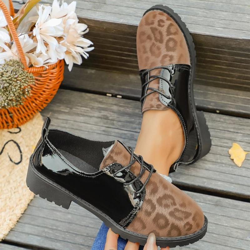 Leopard Print Loafers Versatile Casual Lace-up Heightened Foreign Style Lace-up Block Heel Plus Size New Single Shoes