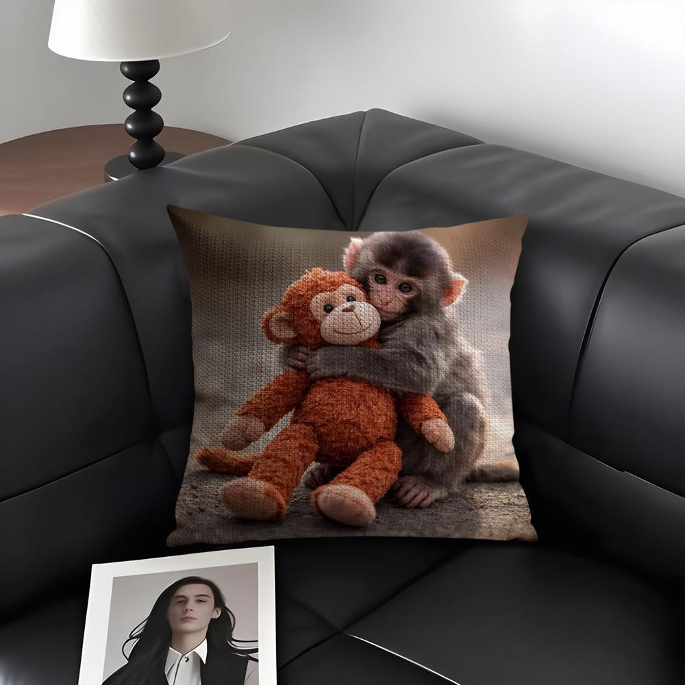 Punch Monkey Cute Cushion Cover Natural Linen Organic Fabric Double-Sided Printing Sofa Home Decor Gift Pillow Case