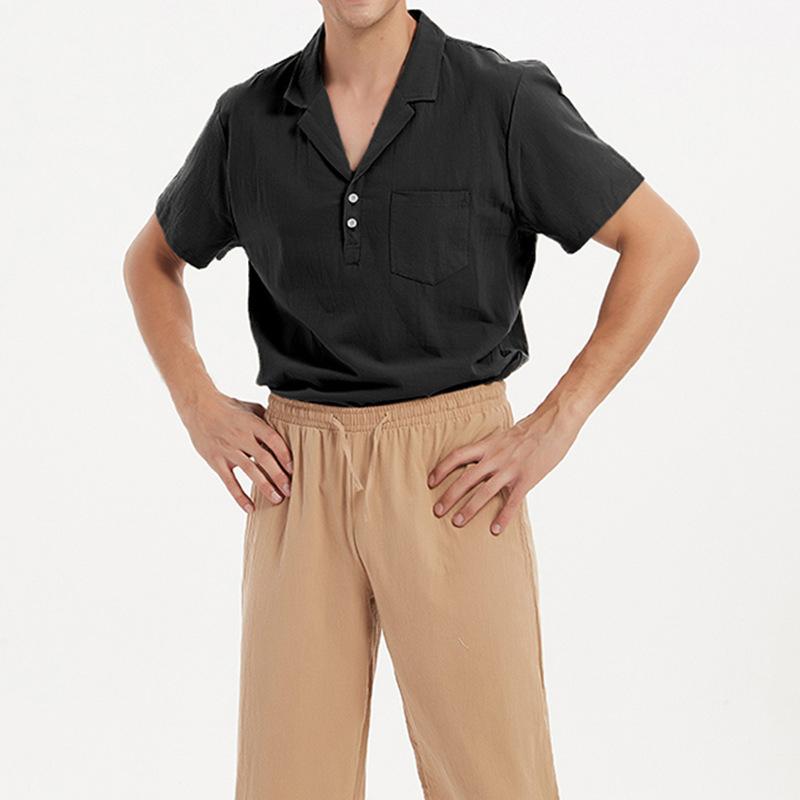 

Летняя мужская ретро однотонная рубашка с пуговицами на лацканах, свободная повседневная футболка Drama Top S чёрный