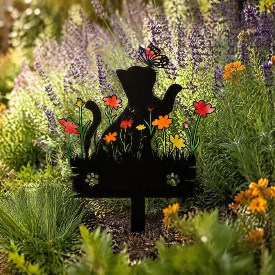 Metal Free Garden Stake Acrylic Kitten Silhouette Stake, Decorative Yard Sculpture with Flowers And Weatherproof Statue Butterflies, Waterproof