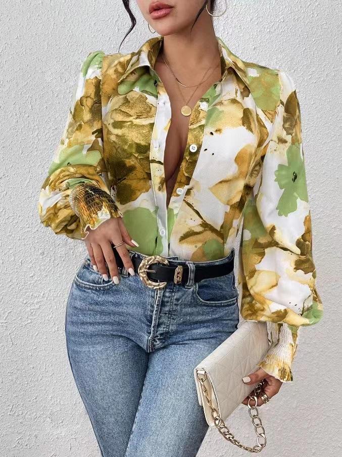 European and American women's clothing new tops, lapel bubble long-sleeved loose printed shirt