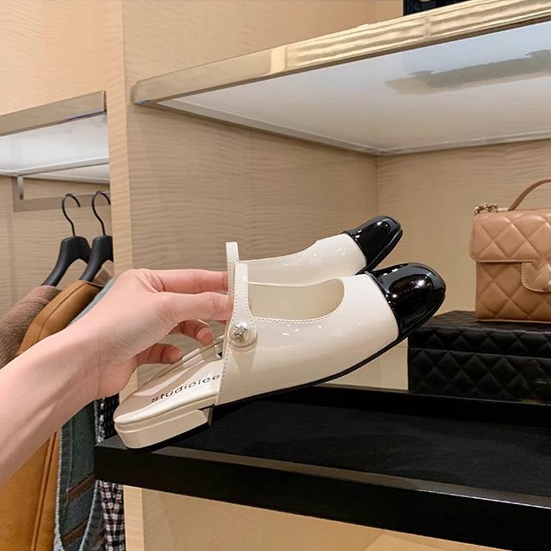 Sheepskin~ Xiaoxiangfeng color matching pearl bag head half slippers women's outer wear round head word with light mouth Mary Jane half drag