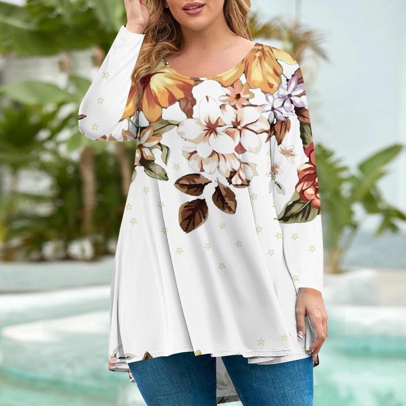 Moda pentru femei de marime mare, cu gât rotund, cu mâneci lungi, imprimeu lejer, cu pulover, tricouri pentru femei