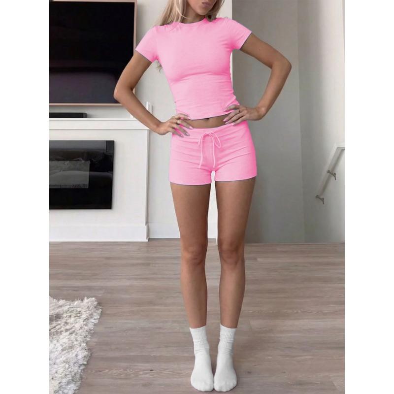 Women Solid Short Sleeve Round Neck T Shirt And Shorts Casual Two Piece Set