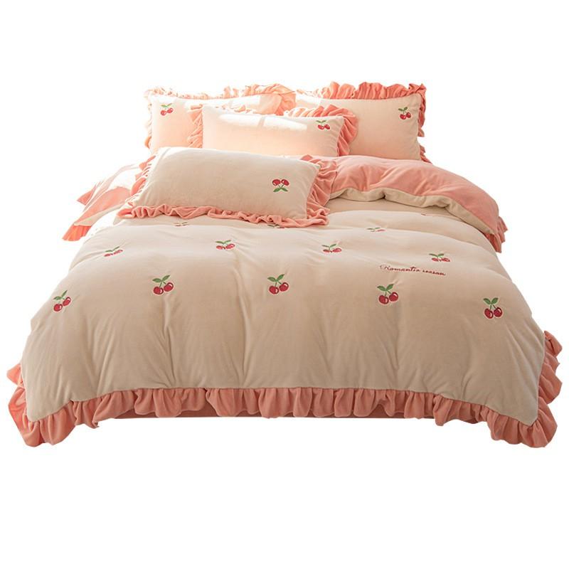 Milk Velvet Bedding Set Winter Thick Flannel Coral Fleece Sheet Solid Color Princess Style Bedroom Decor