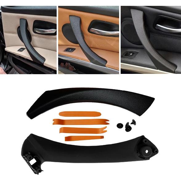 Black Left Interior Door Panel Strap Handle and Door Pull Outer Trim Cover w/Fasteners Replacement for E90 E91 3 Series 323 325 328 330 335 2005-2011