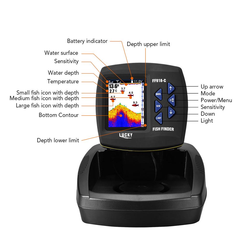 Fish Finder Wireless Sonar Sensor Fishing Depth Finder Locator Fishfinder with Wired Transducer for Boat Kayak Fishing