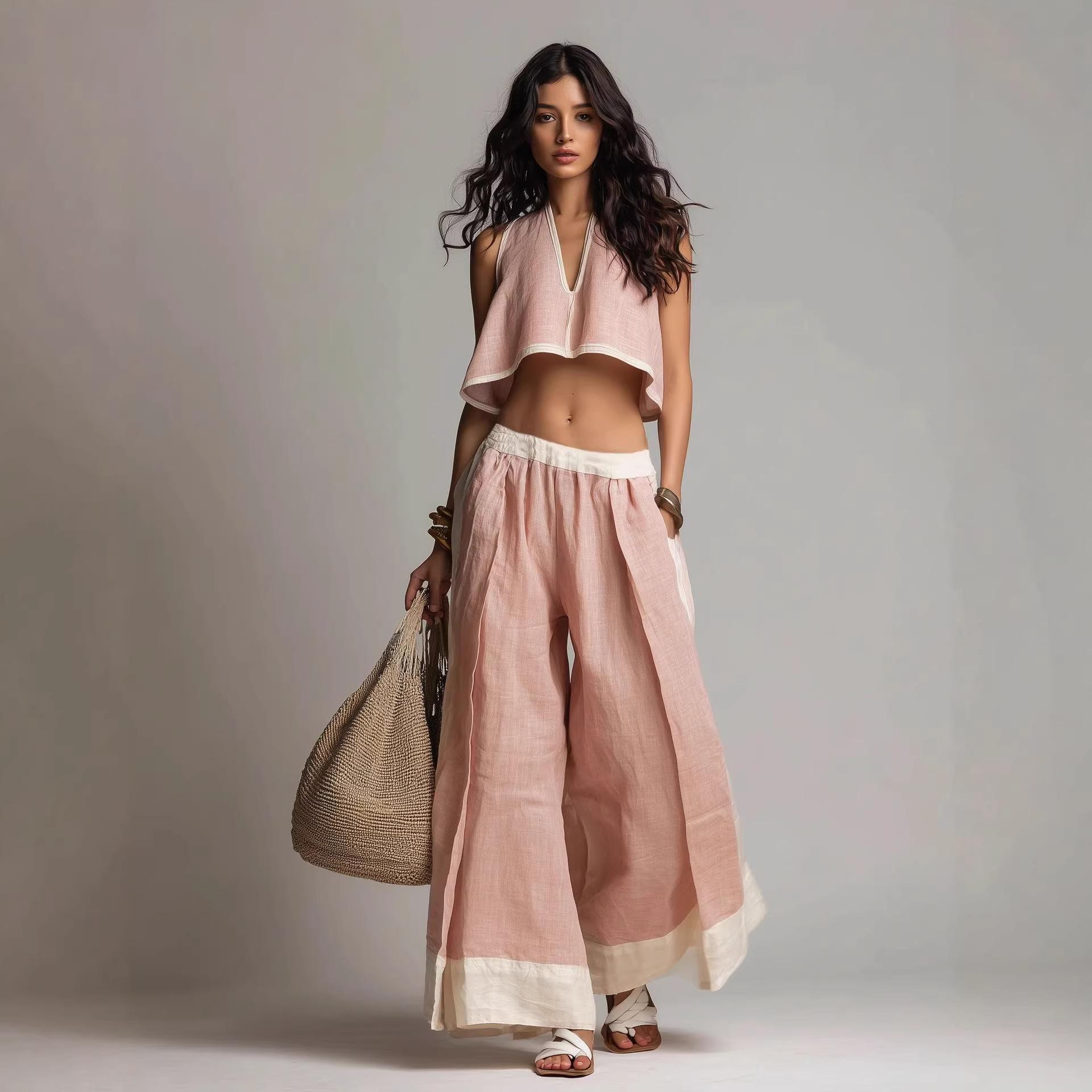 

Women Summer Two Piece Outfits Sleeveless Halter Crop Top And Wide Leg Pants Loose Linen Set XS розовый