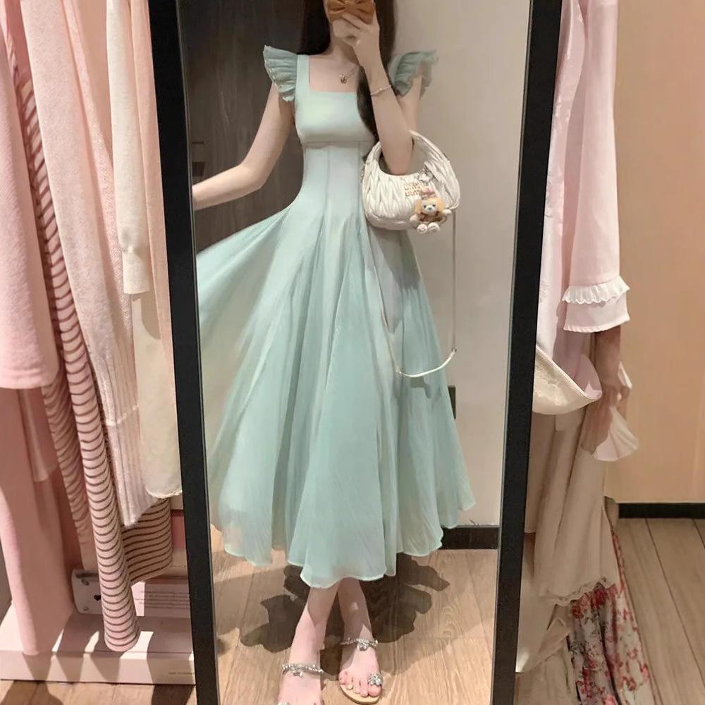French Long Dress Women's Summer New Seaside Vacation Gentle Wind Temperament Beautiful Waist a Word Small Flying Sleeve Dress