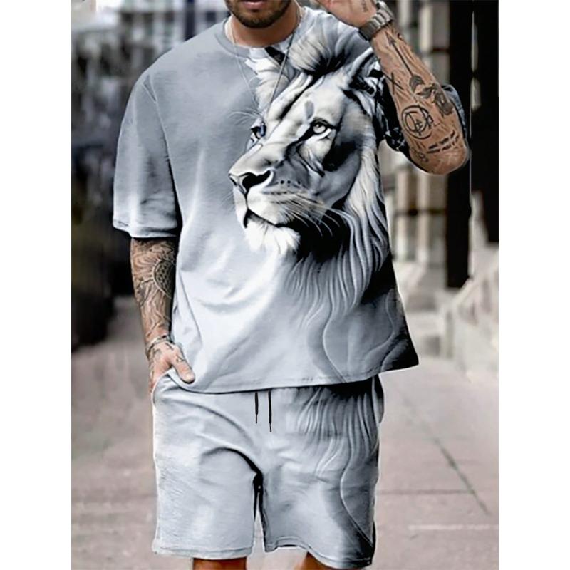 Summer Everyday Casual Men's Sports Shorts Street Fashion Men's Short-sleeved Tops Lion Print Men's T-shirts And Shorts Sets