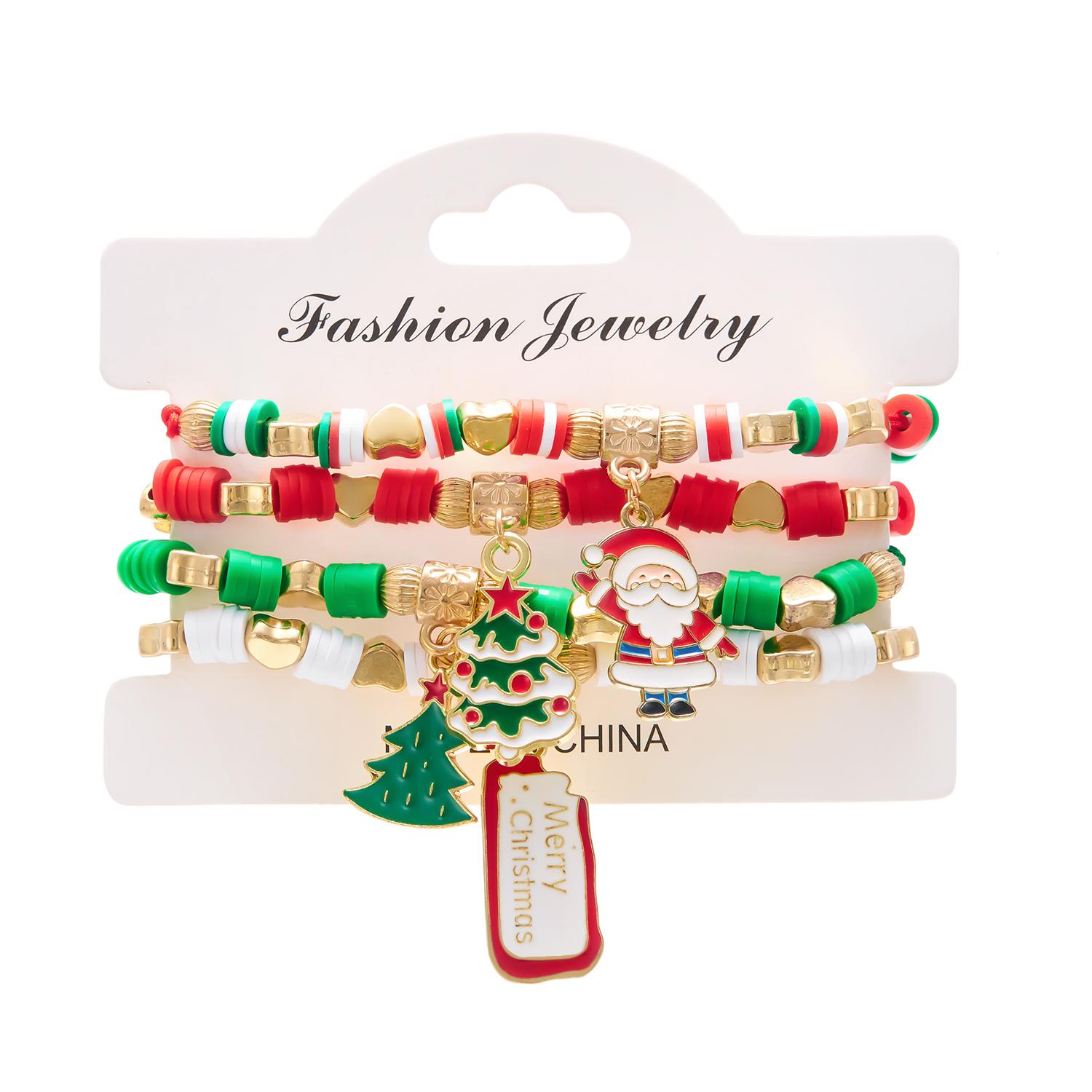 

4Pcs/set Christmas Tree Santa Claus Bracelet For Women Xmas Deer Snowman Polymer Clay Beads Woven Bangles New Year Jewelry Gifts