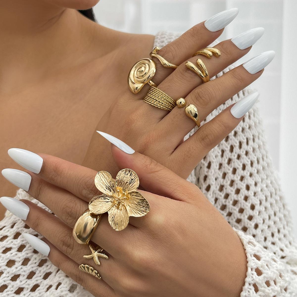 Ocean Vacation Wind Conch Scallop Shell Ring Set, Wind Metal Flower Open Ring Woman